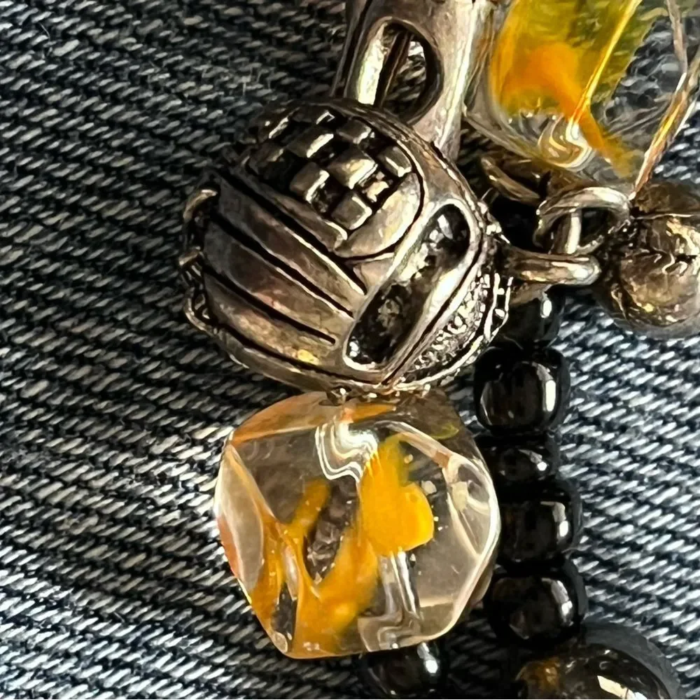 Sports fan black and yellow beaded wrap charm bracelet